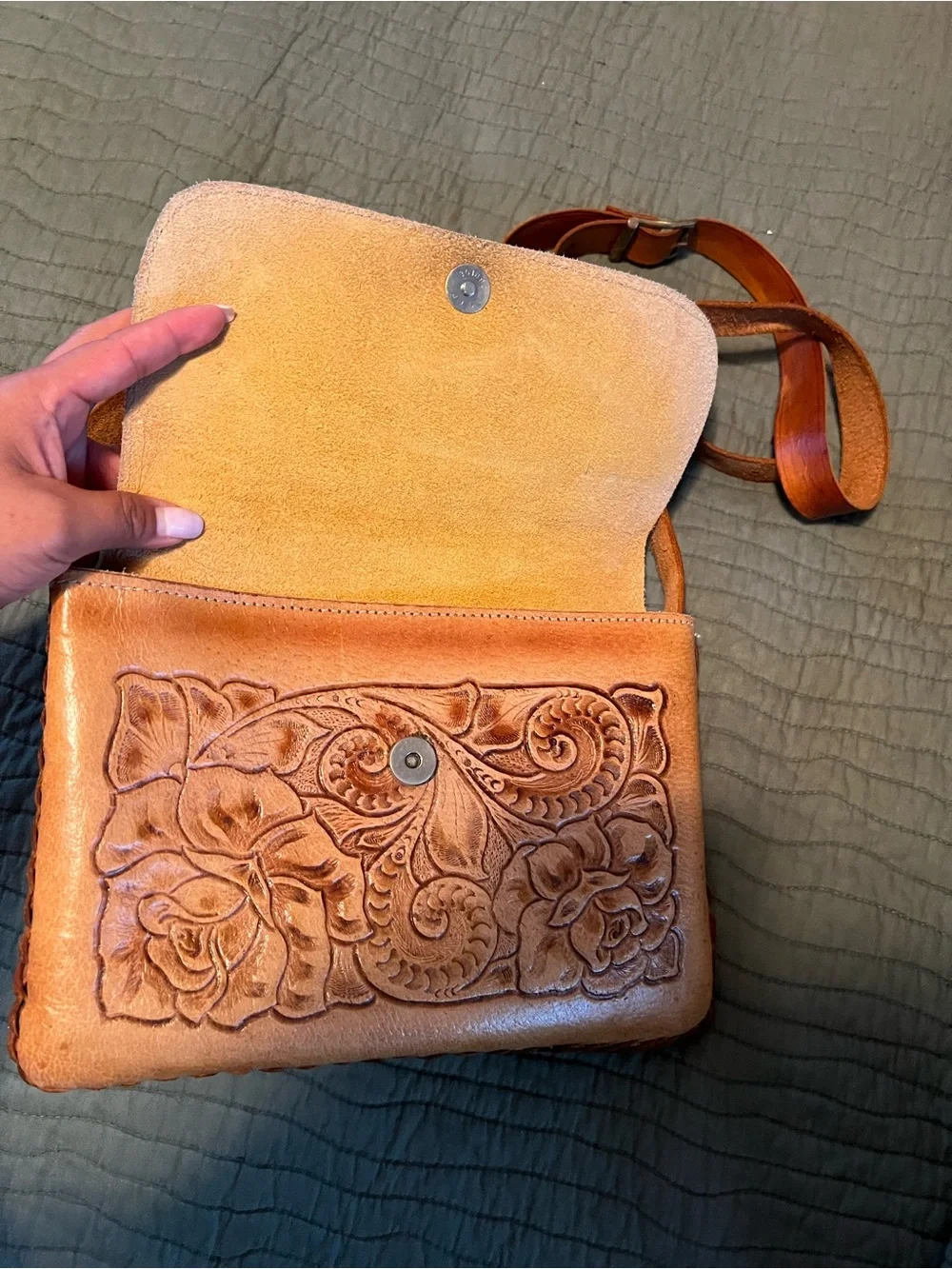 Hand-Tooled Floral Leather Crossbody Bag in Tan